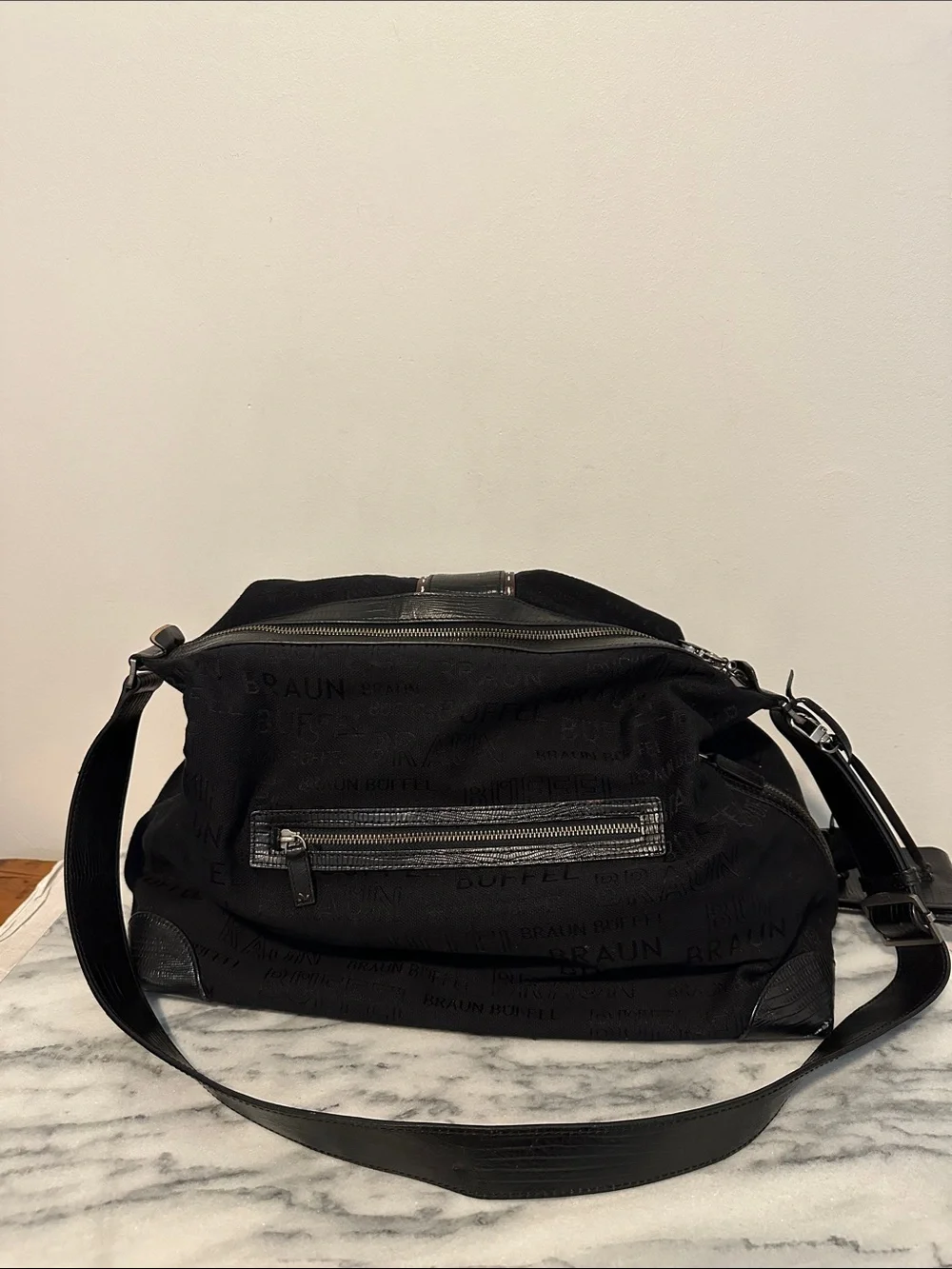 Vintage Braun Buffel Germany Black Monogram Jacquard Boston Bowling Bag lock key